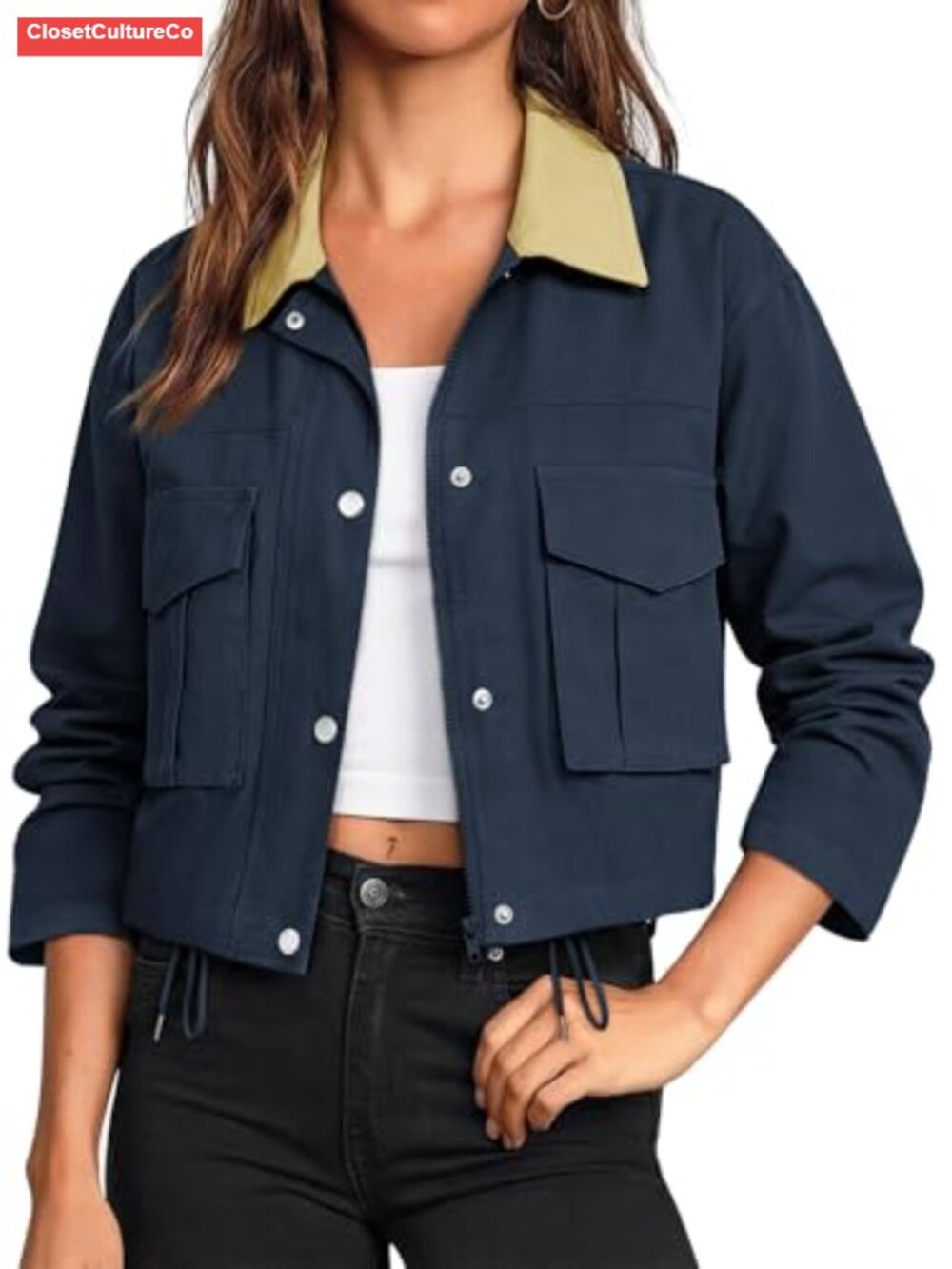 Cropped Zip Up Lightweight Bomber Utility Jacket Button Drawstring Pockets